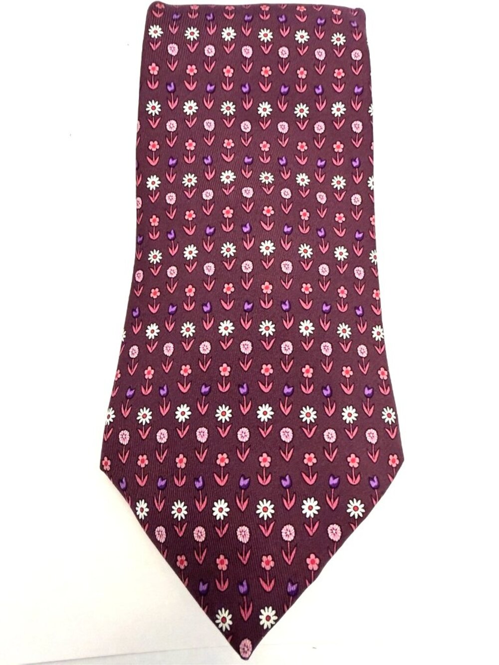 Authentic Hermès Paris Men's Silk Tie Floral Flower Pattern Plum Burgundy 5154HA